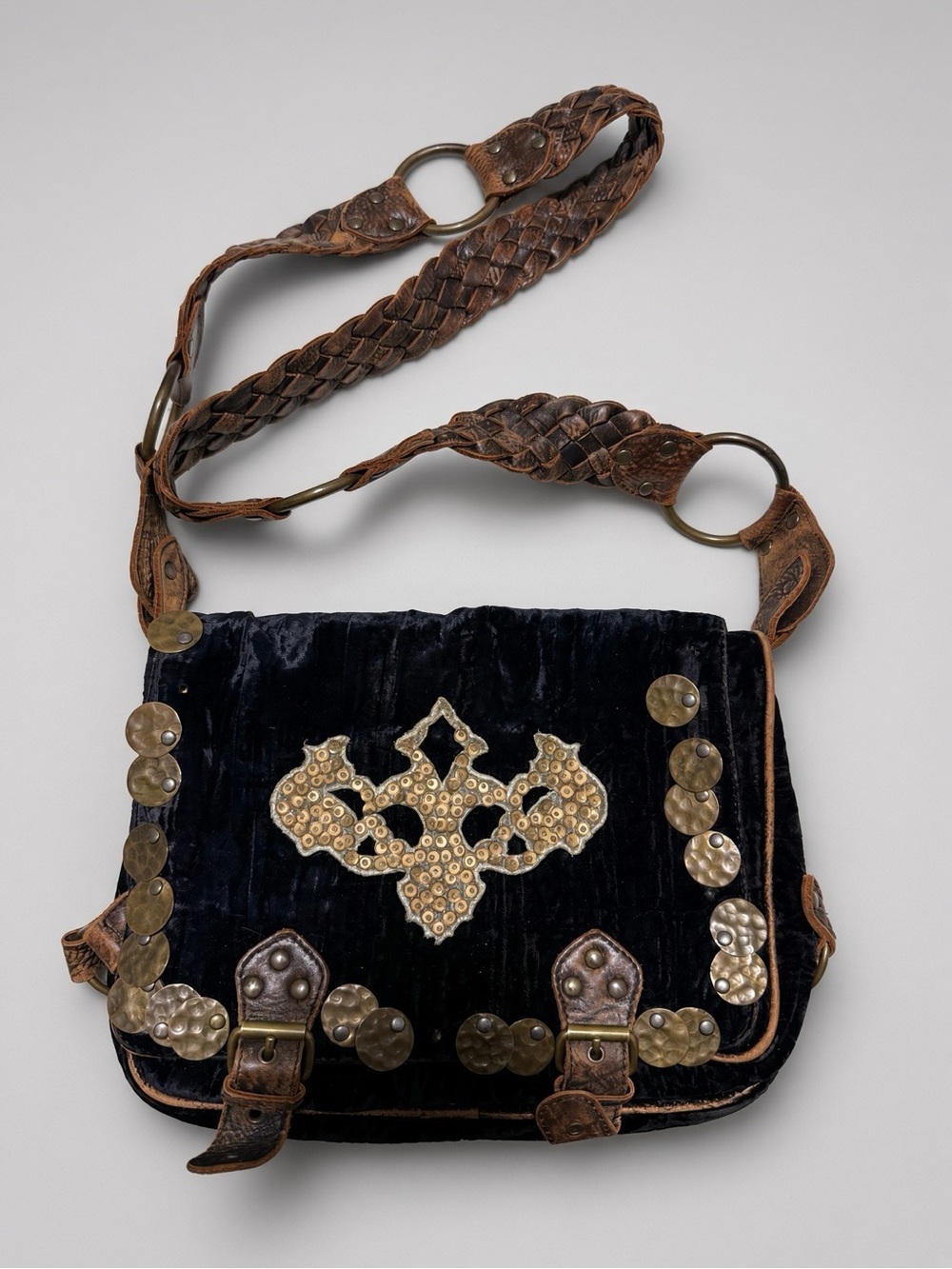 Y2k Vintage Betsey Johnson Black Velvet Crossbody • Braided Leather Brass Sequin